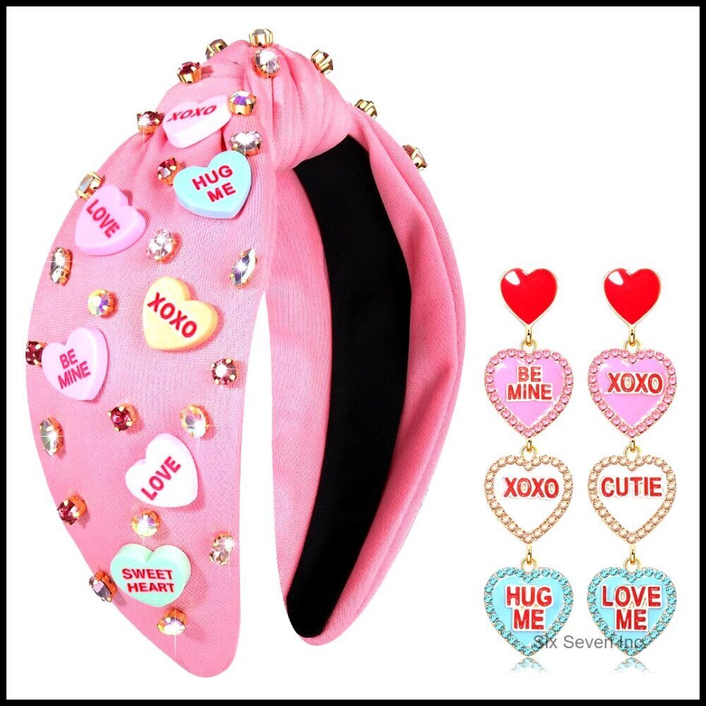 Jeweled Conversation Heart Headband Rhinestone Crystal Top Knot Valentine's